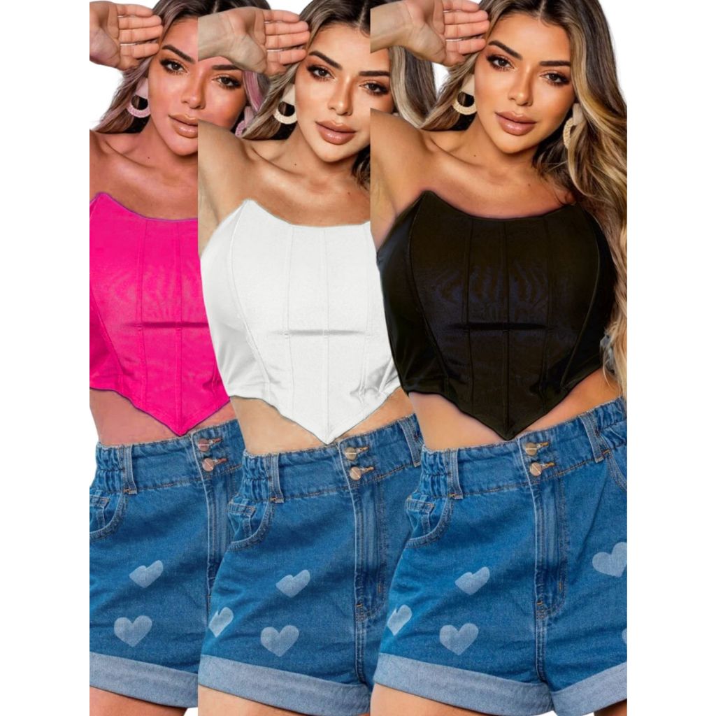 Kit 3 Cropped Corselet Blusa Feminina Decotado Festa Balada Casual Elegante Charmoso