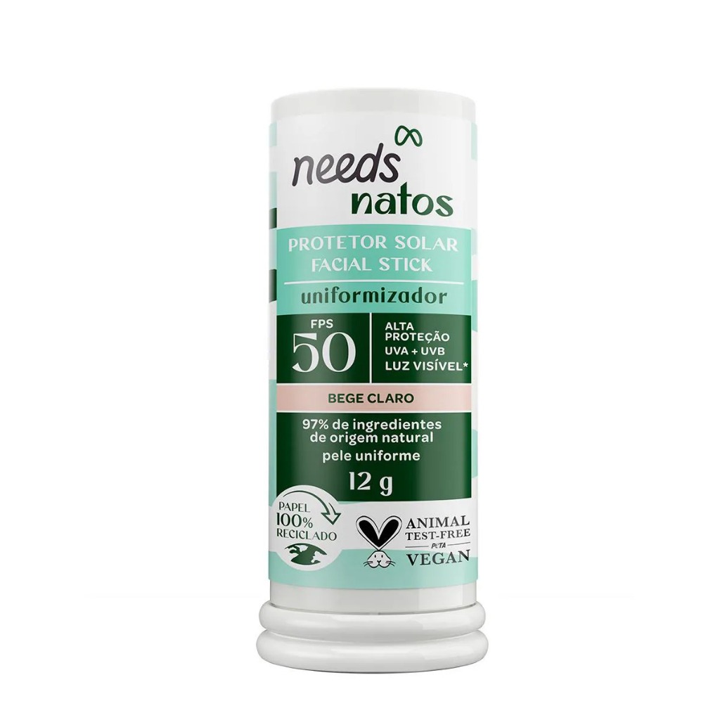 Protetor Solar Facial Needs Natos Stick Uniformizador FPS 50 Bege claro 12g