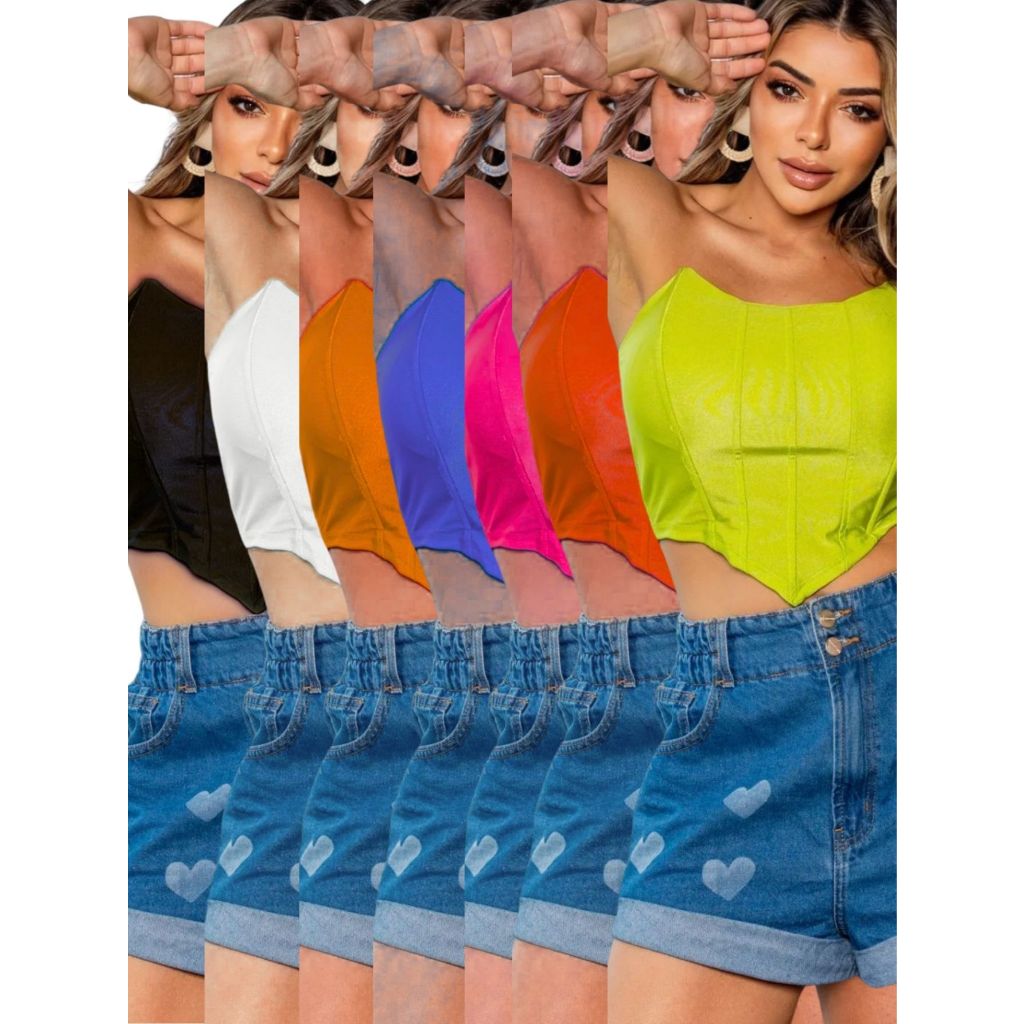 Kit 5 Cropped Corselet Blusa Feminina Decotado Festa Balada Casual Elegante Charmoso