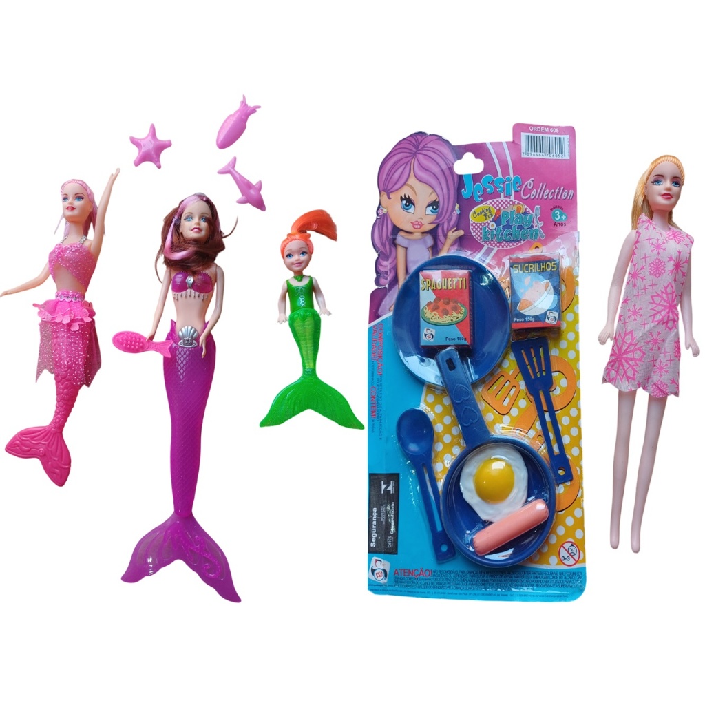 Kit 3 Boneca Sereia + 1 Boneca Belinha + 1 Cooking Fun Brinquedo Menina