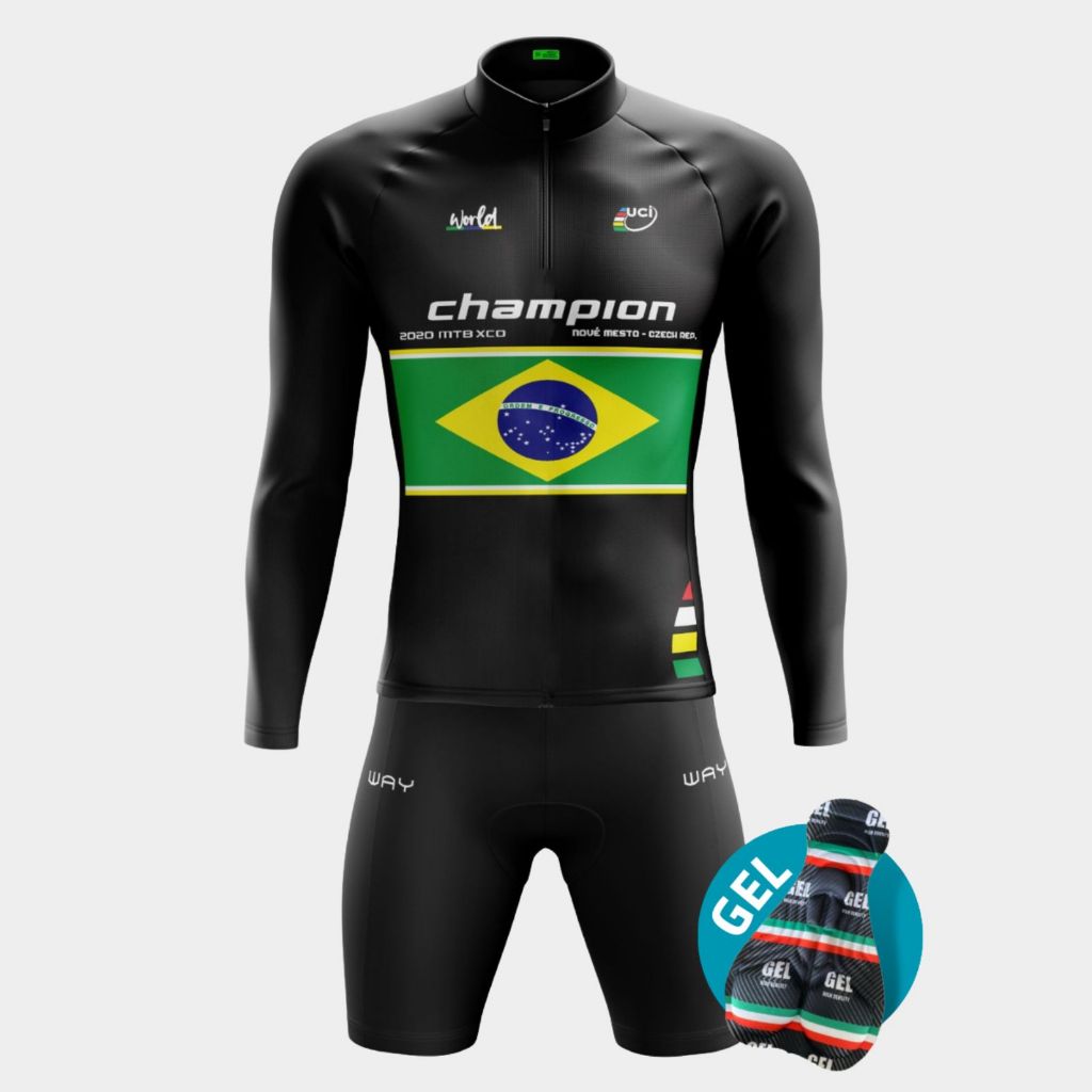Conjunto Ciclismo Camisa Brasil Manga Longa e Bermuda Forro Gel Uv Roupa Bike Mtb