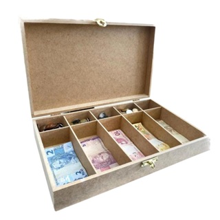 Caixa Organizadora de Dinheiro Porta Moedas e Cédulas em MDF Cru Com Fecho Para Cadeado em Oferta na Shopee