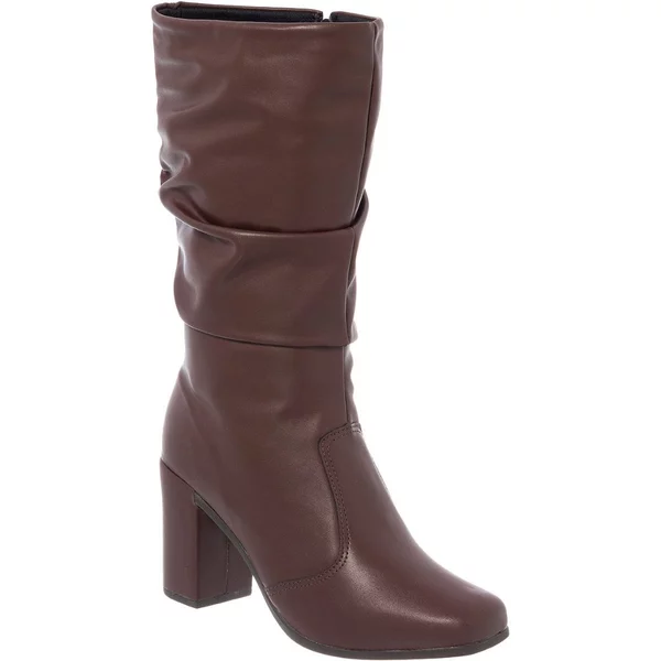Bota Feminina Sofiolí Cano Longo Enrugada Salto Alto Grosso Bico Quadrado Original Moda Confortável