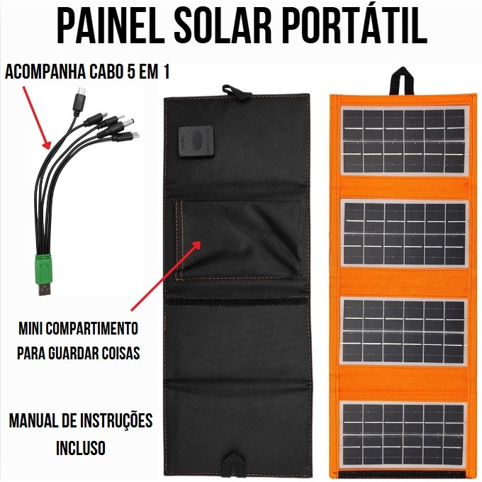 Painel Solar Portátil Dobrável 6W/10W com Compartimento para Guardar coisas e Cabo 5 em 1 da LuaTek