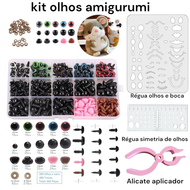 Kit 560 Pcs Olho Focinho Pelúcia Amigurumi, alicate aplicador, régua olhos e simetria crochê costura Patchwork papelaria