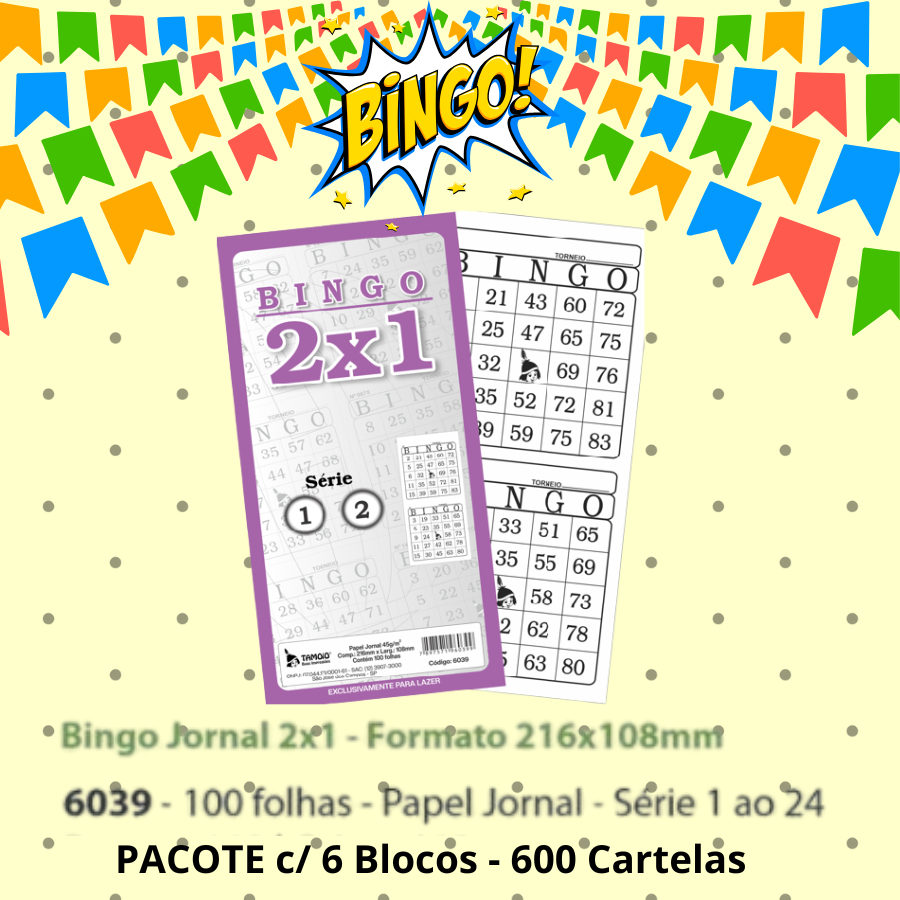 600 CARTELAS DE BINGO PAPEL JORNAL BINGÃO 2X1 TAMOIO (6 BLOCOS)
