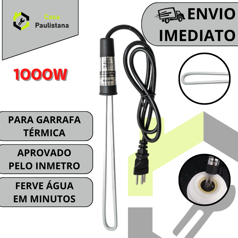 Ebulidor Elétrico p/ Garrafa Térmica Mergulhão Rabo Quente Aquece Água Café