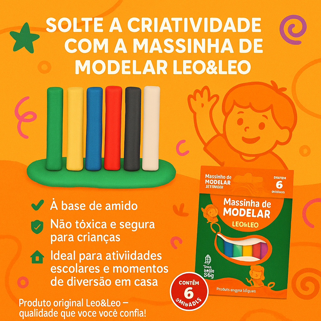 MASSA DE MODELAR LEO&LEO / MASSINHA / 6 CORES / 90g / MATERIAL ESCOLAR