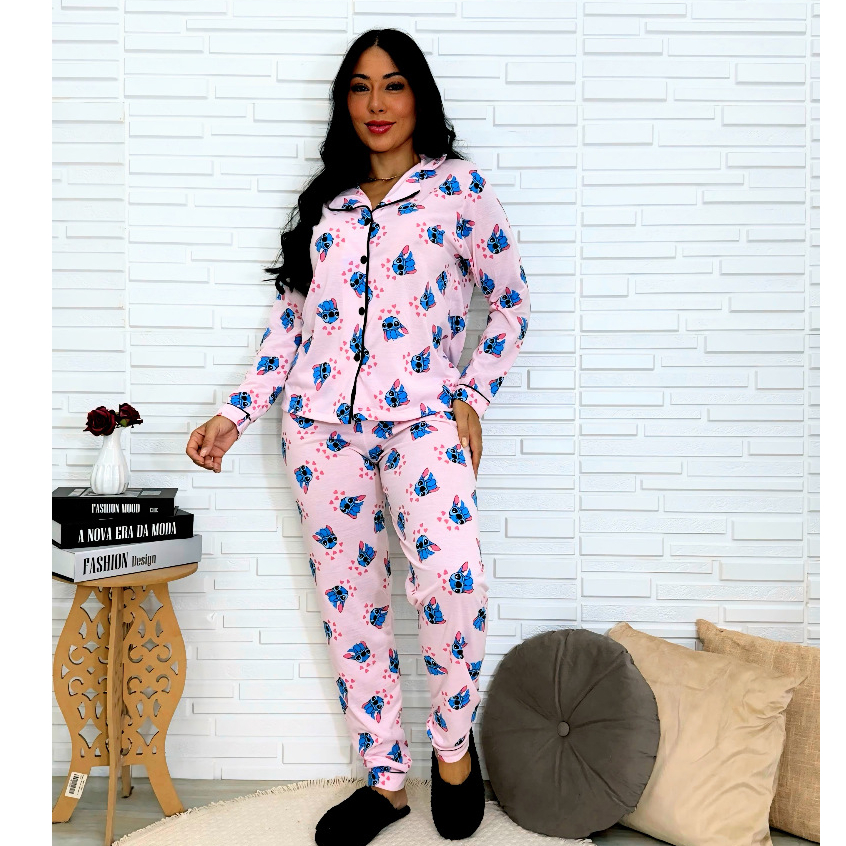 Pijama longo blogueirinha americano inverno gestante amamentação  botão
