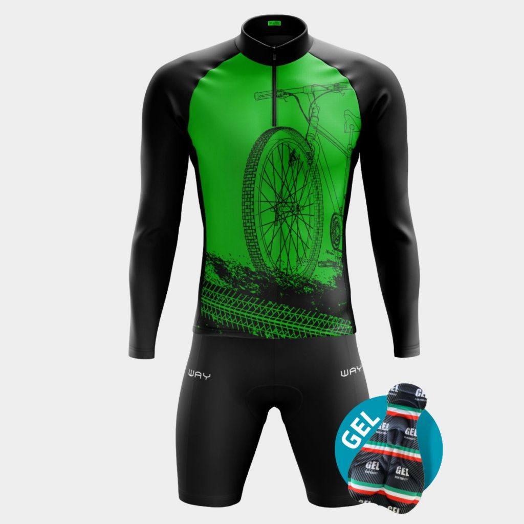 Conjunto Ciclismo Masculino Camisa Camiseta Manga Longa Zíper Parcial Inverno Bermuda Acolchoado Gel