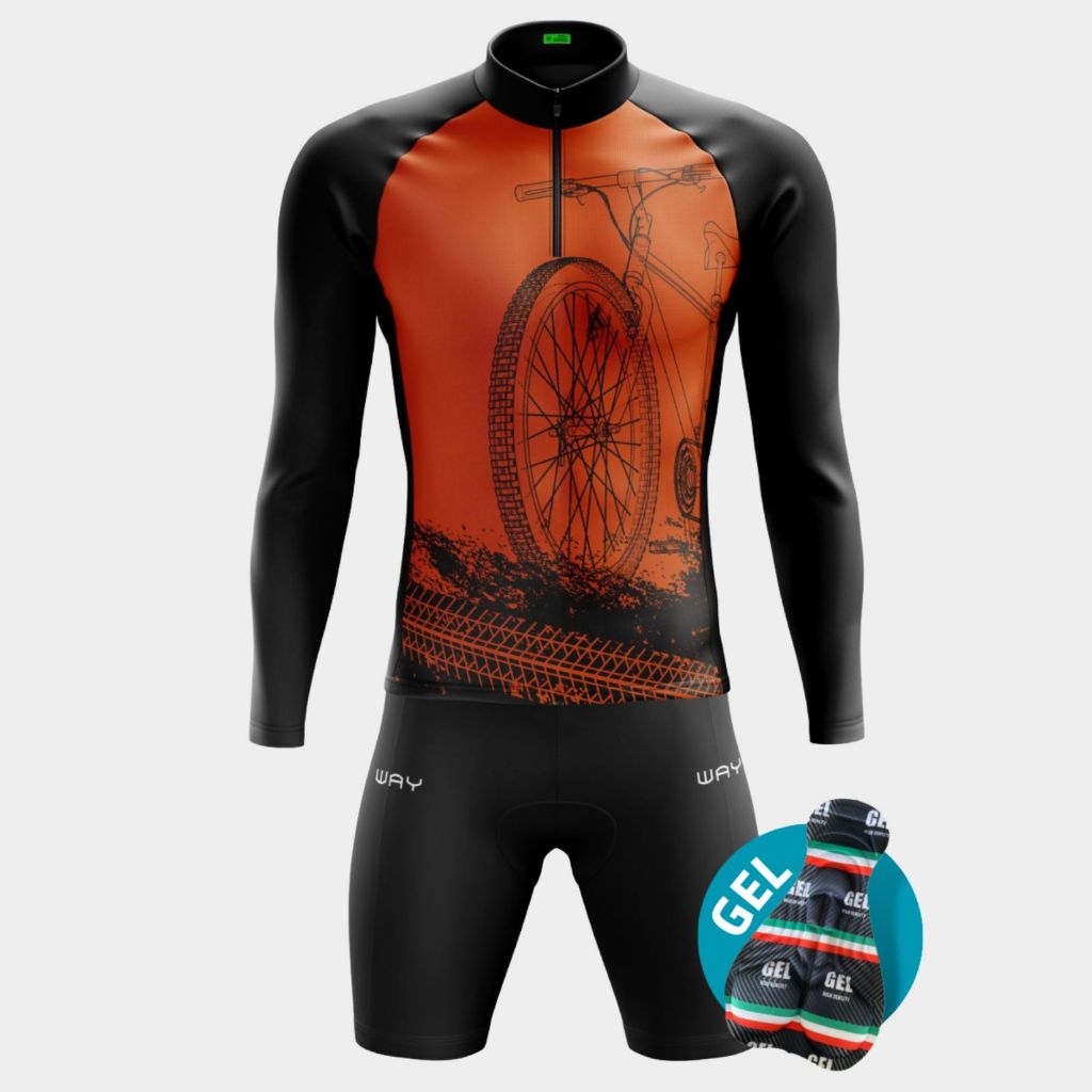Conjunto Ciclismo Masculino Camisa Camiseta Manga Longa Inverno Zíper Parcial Bike Roupas Ciclismo