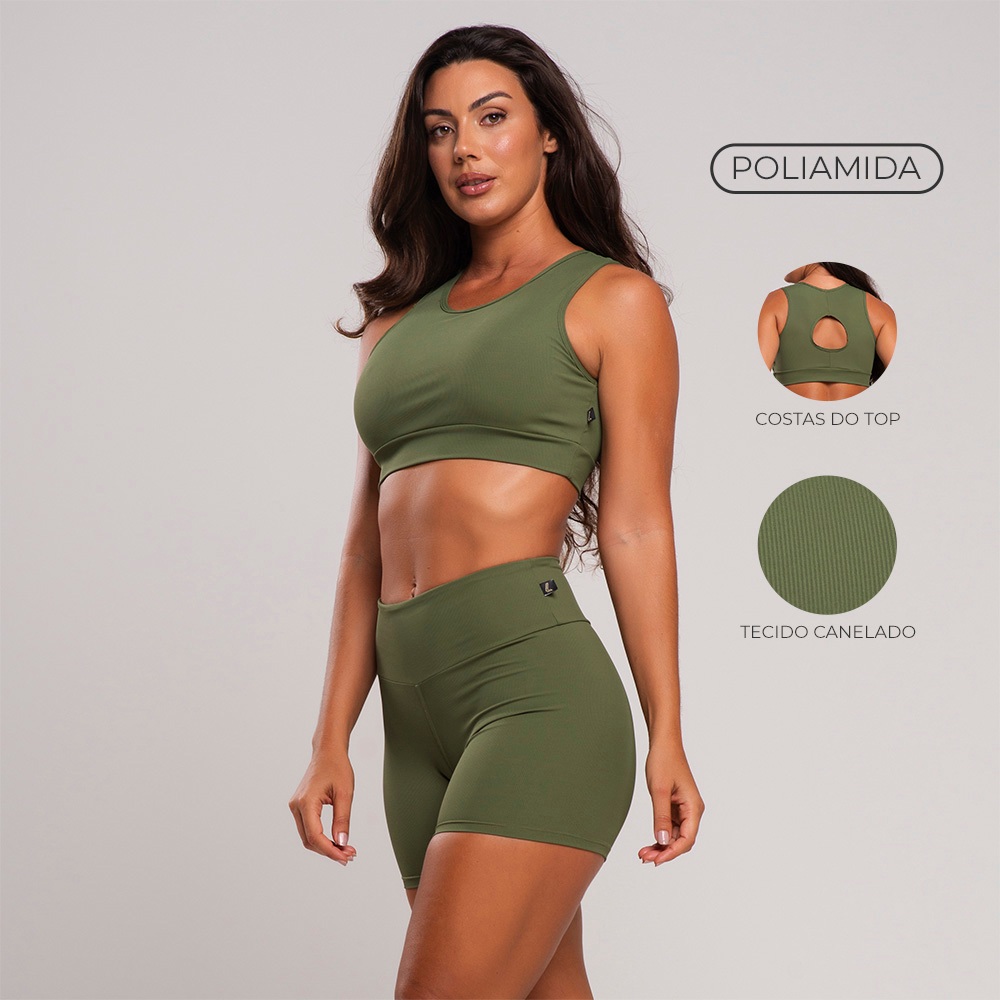 Conjunto fitness casual canelado short canelado poliamida + top nadador canelado poliamida academia - Sports & Outdoors