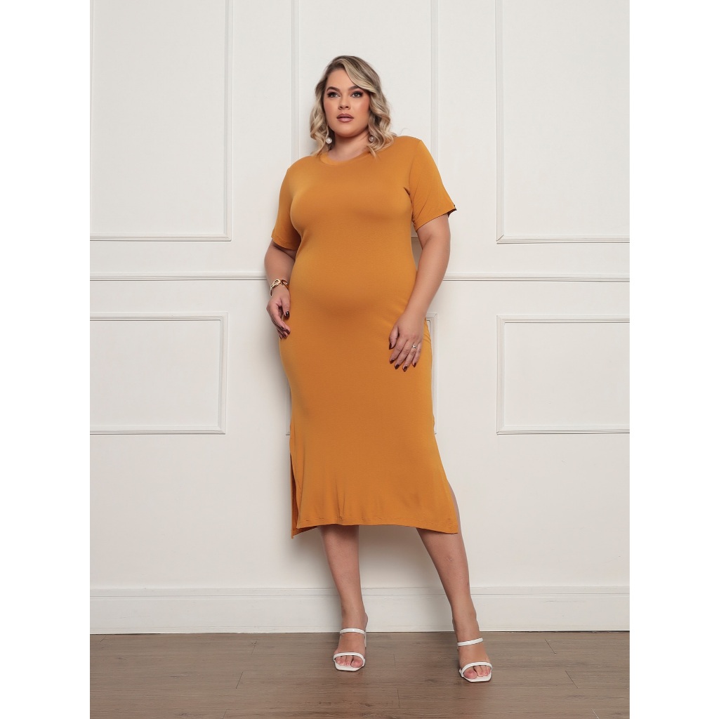 Vestido  Plus Size LISO Conforto e Estilo   Simples    Casual  Conservador / modesto  elegante    Dividido    Casamento