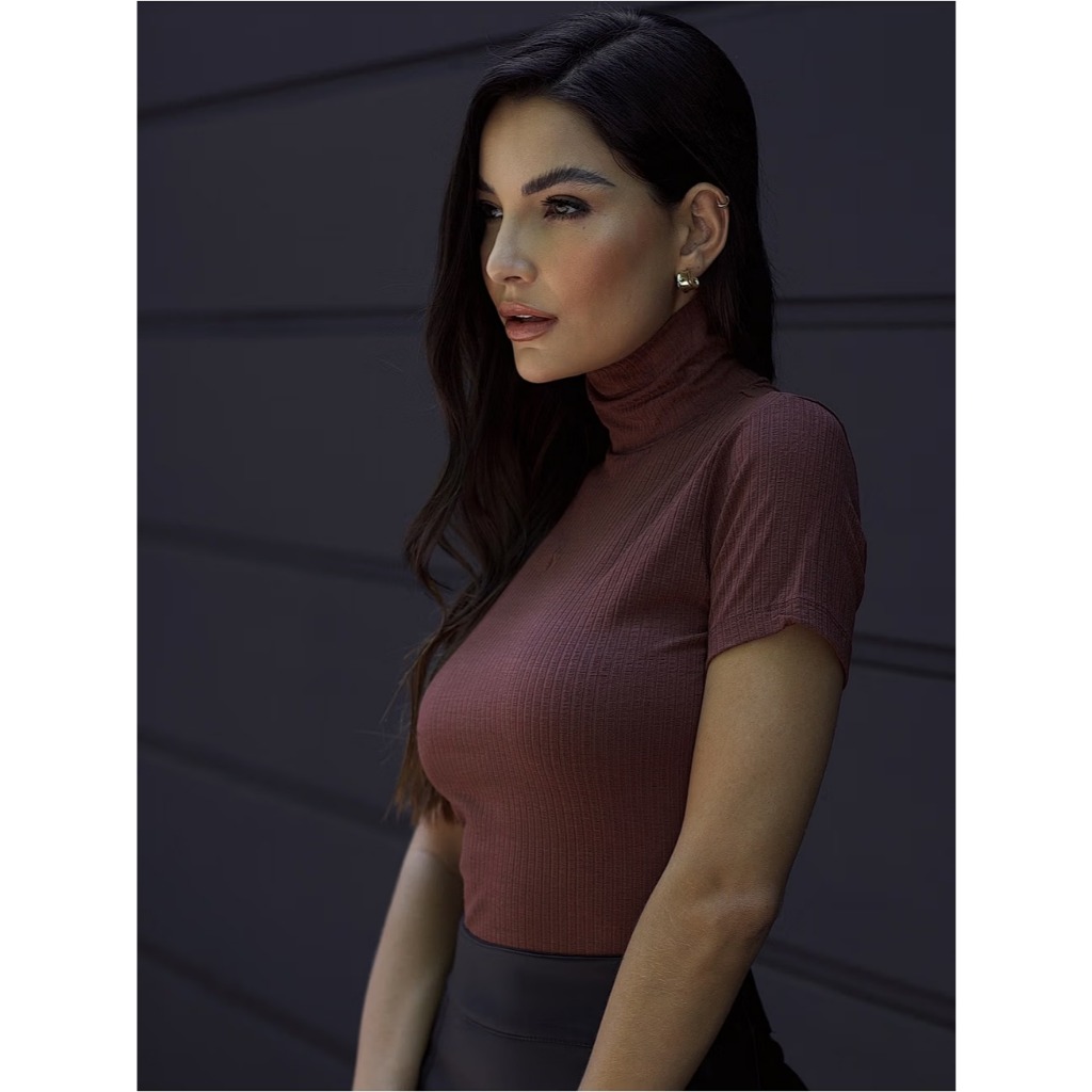 Blusa Feminina Gola Alta Cacharrel Inverno Frio Canelada Manga Curta