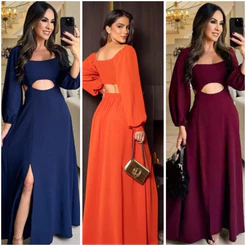 vestido elegante para ocasiones especialés, vestido longo manga comprida com fenda ideal para ressaltar seu silhueta