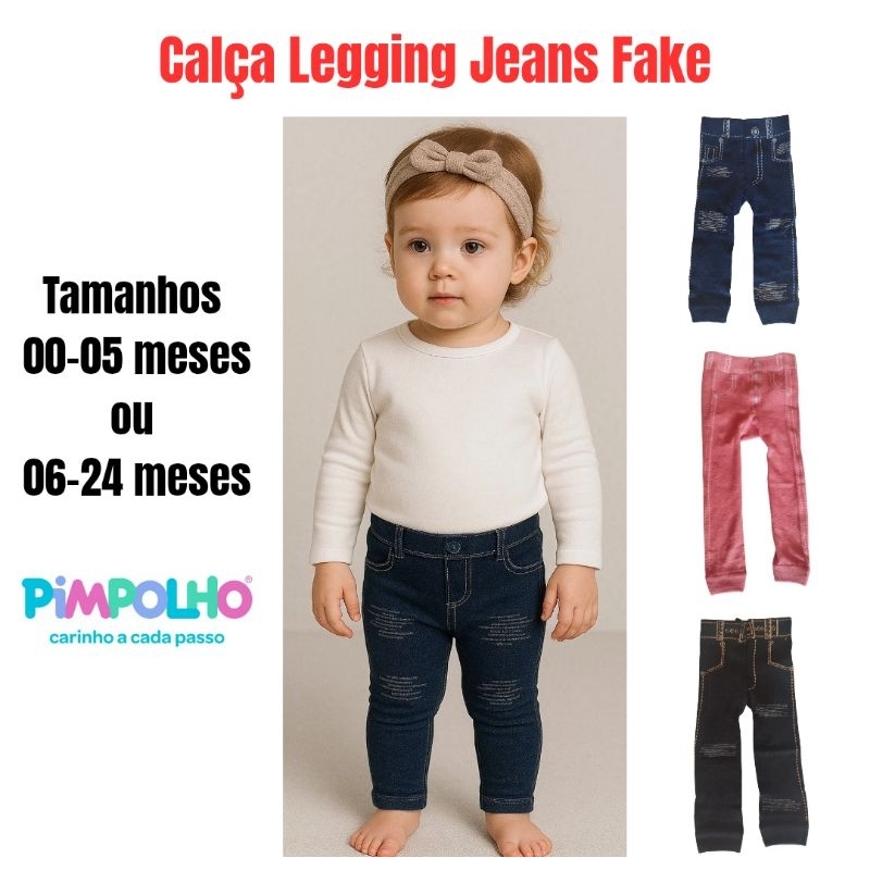 CALCA LEGGING JEANS FAKE BEBÊ INFANTIL 2 A 3 ANOS PIMPOLHO