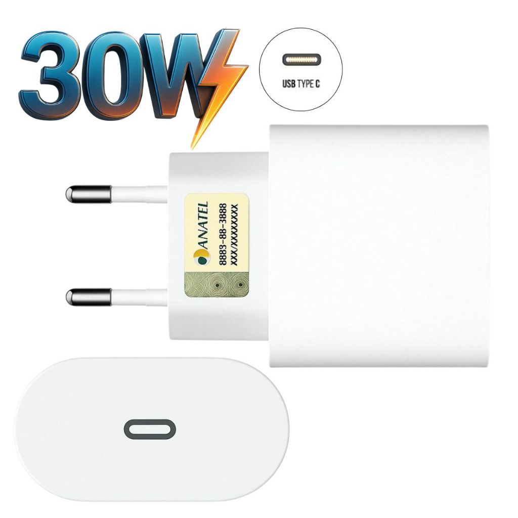 Fonte Turbo 30W Samsung Motorola iPhone 11 ao 16 Carregador USB-C Anatel Tipo-C Rápido