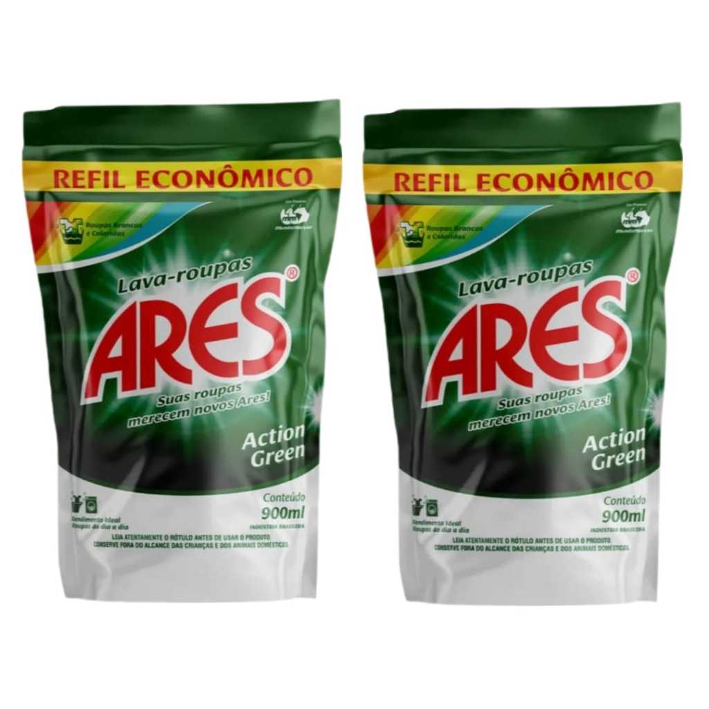KIT 2 Ares Lava Roupas Líquido Action Green 900ml Sachê em Oferta na Shopee
