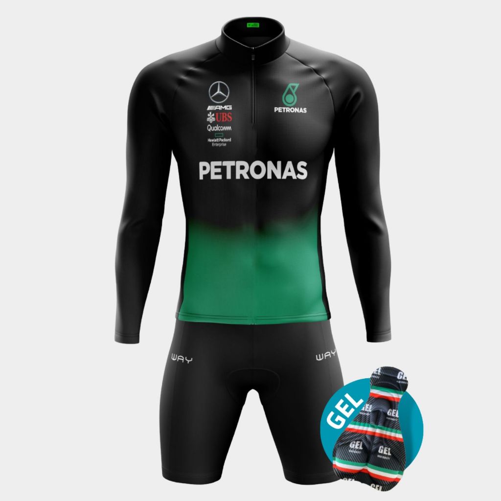 Conjunto Ciclismo Masculina Camisa Petronas Manga Longa Bermuda Forro Gel Uv Mtb Speed