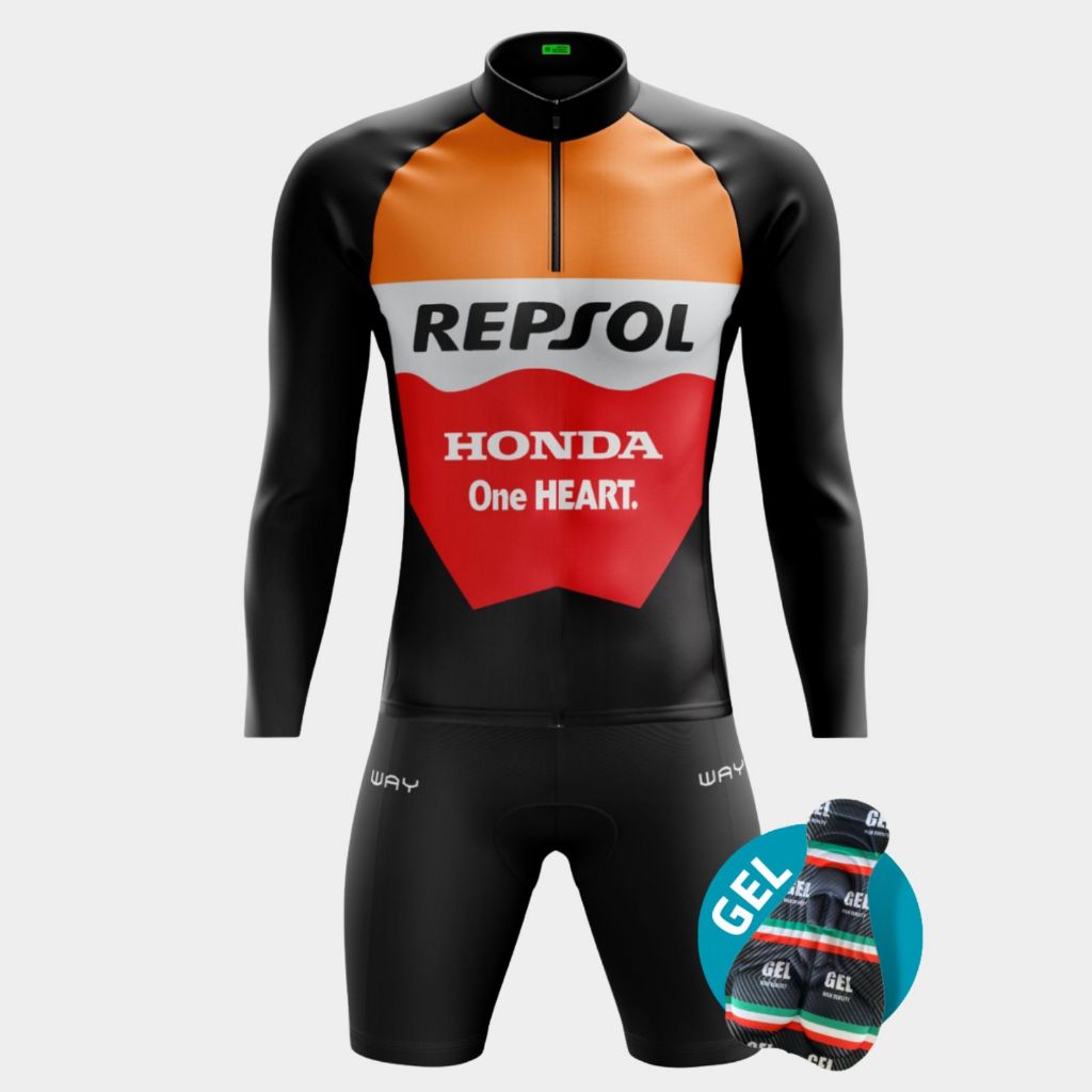 Conjunto Masculino Ciclismo Camisa Manga Longa Bermuda Gel Acolchoada Bike Pedal