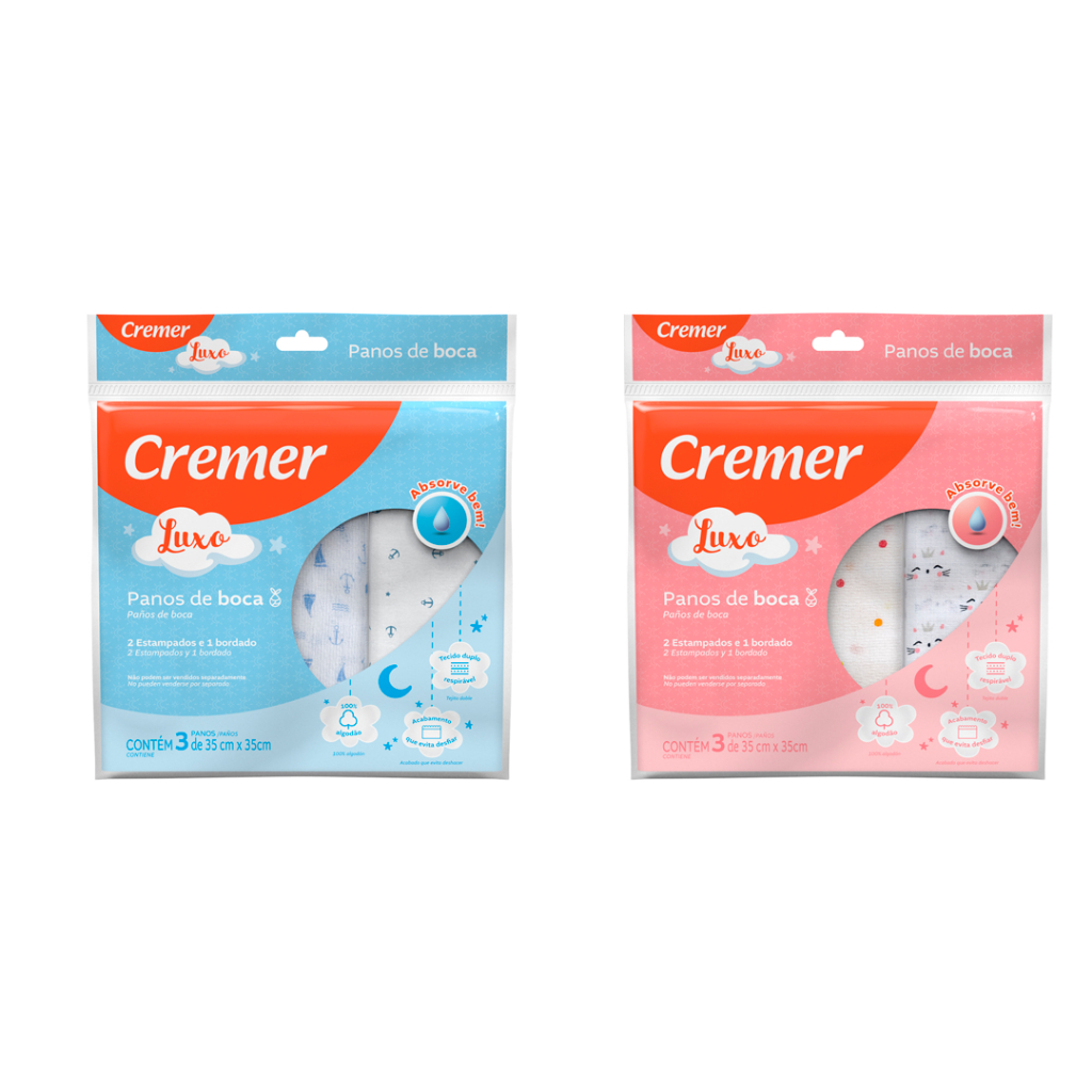 Pano de Boca C/3unidades 35x35cm - Rosa e Azul | Cremer