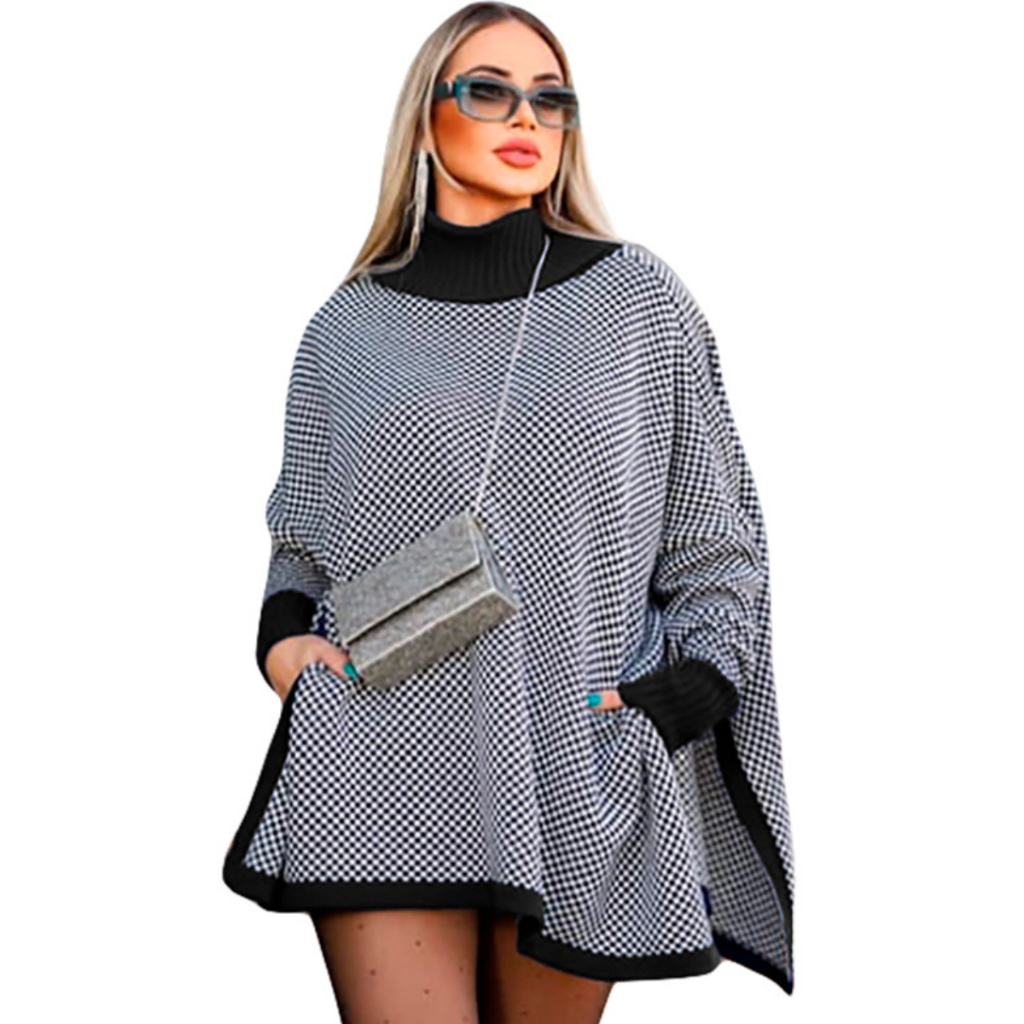 Poncho Feminino Tricô Manga Longa Xadrez  Fenda Nas Laterias Chique Inverno Faby Tricot