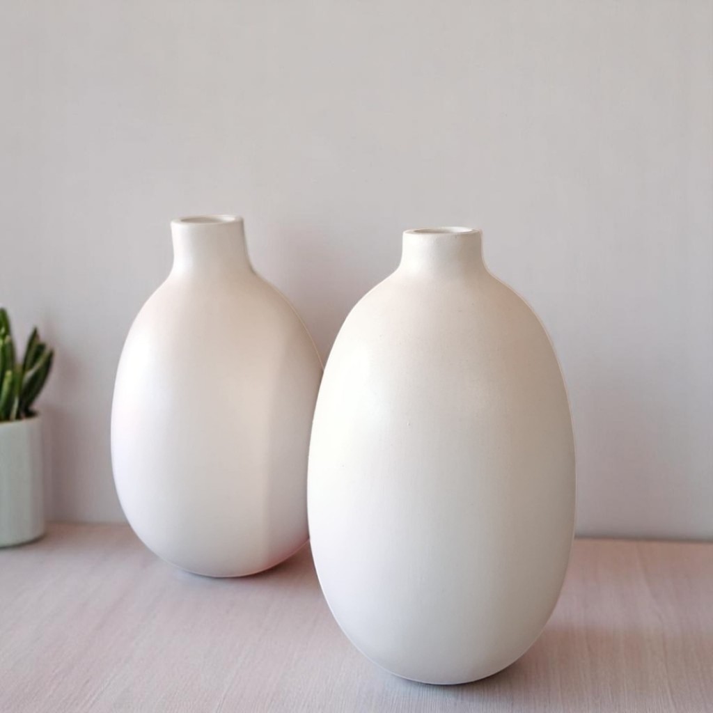 Par de Vasos Redondos Round para Flores Moderno em Cerâmica Branca Fosca Decorativo decoração