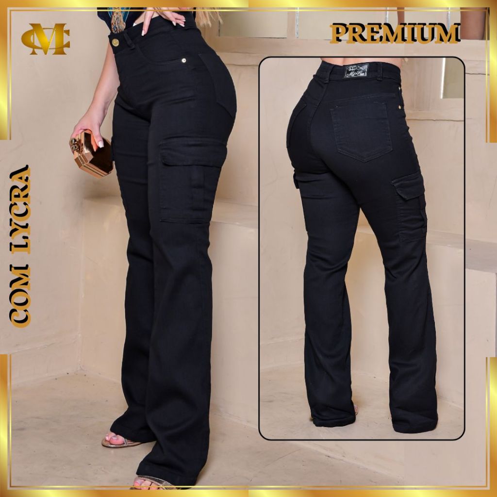 Calça Wide Leg CARGO Jeans Feminina Cintura Alta pantalona com LYCRA 36 ao 54 PLUS em Oferta na Shopee