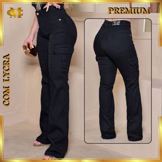 Calça Wide Leg CARGO Jeans Feminina Cintura Alta pantalona com LYCRA 36 ao 54 PLUS em Oferta na Shopee