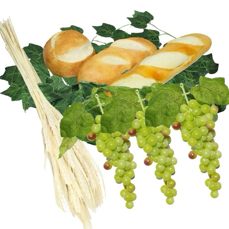 kit Arranjo Santa Ceia 3 Pães Pequenos RFB, 3 Uvas VERDE 24cm, Folhagem E Trigo