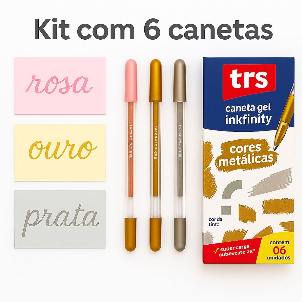 Kit 6 Caneta Gel Tris Inkfinity 1.0mm Alternativa à Cis Trigel Colorida Metálica