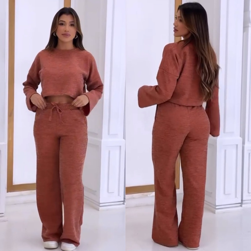 Conjunto lanzinha frio calça + Cropped manga longa Conjunto Casual/Pijama/Roupa de dormir