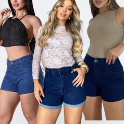KIT3 Short Jeans Feminino Cintura Alta Empina Bumbum Com Lycra Confortável Veste Bem Com barra
