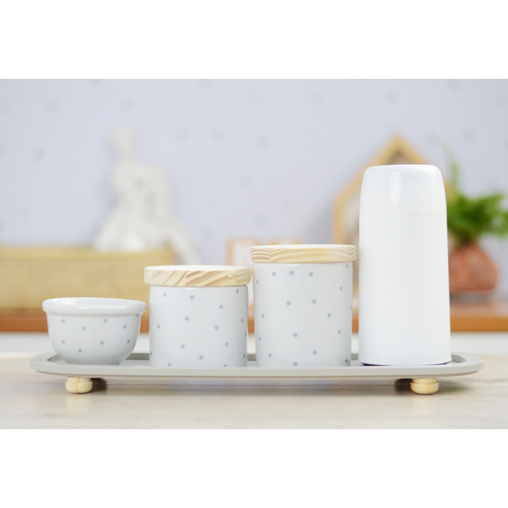 Kit Higiene Cuidados Banho Bebê Porcelana Poá Menino Menina Bancada Quarto Utensílios Cuidar