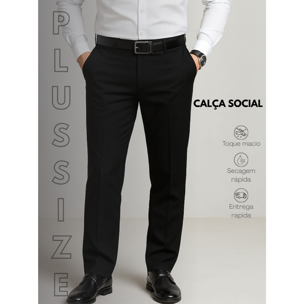 Calça Social Masculina Plus Size Oxford Lisa Com Bolso Embutido