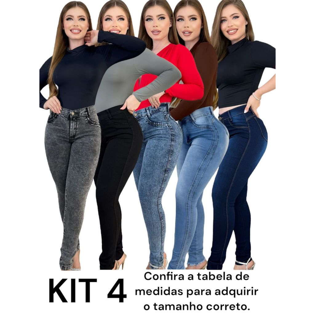 Kit 4 Calças Jeans Feminina Skinny Lycra Cintura Alta Modelo Empina Bumbum Lançamento Promoção em Oferta na Shopee