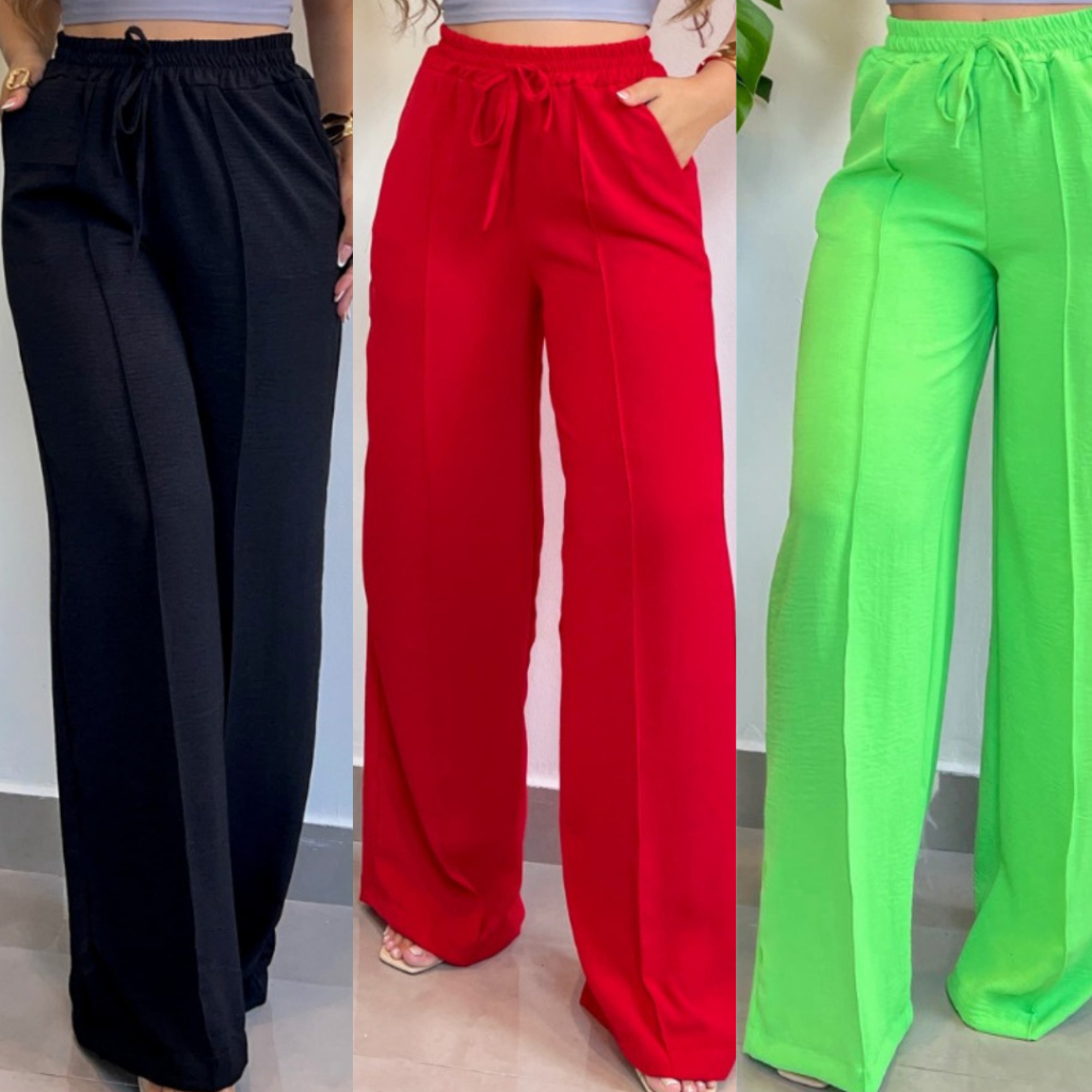 Calça Pantalona Wide Leg em tecido dunas com Elástico na Cintura Alta e Bolso Tendencia Preto-vermelho 2025
