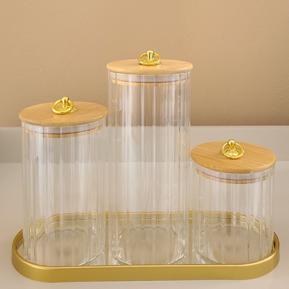 Kit Potes Vidro CANELADO TRANSPARENTE Porta Mantimentos cozinha Tampa Bambu Argola Dourada...