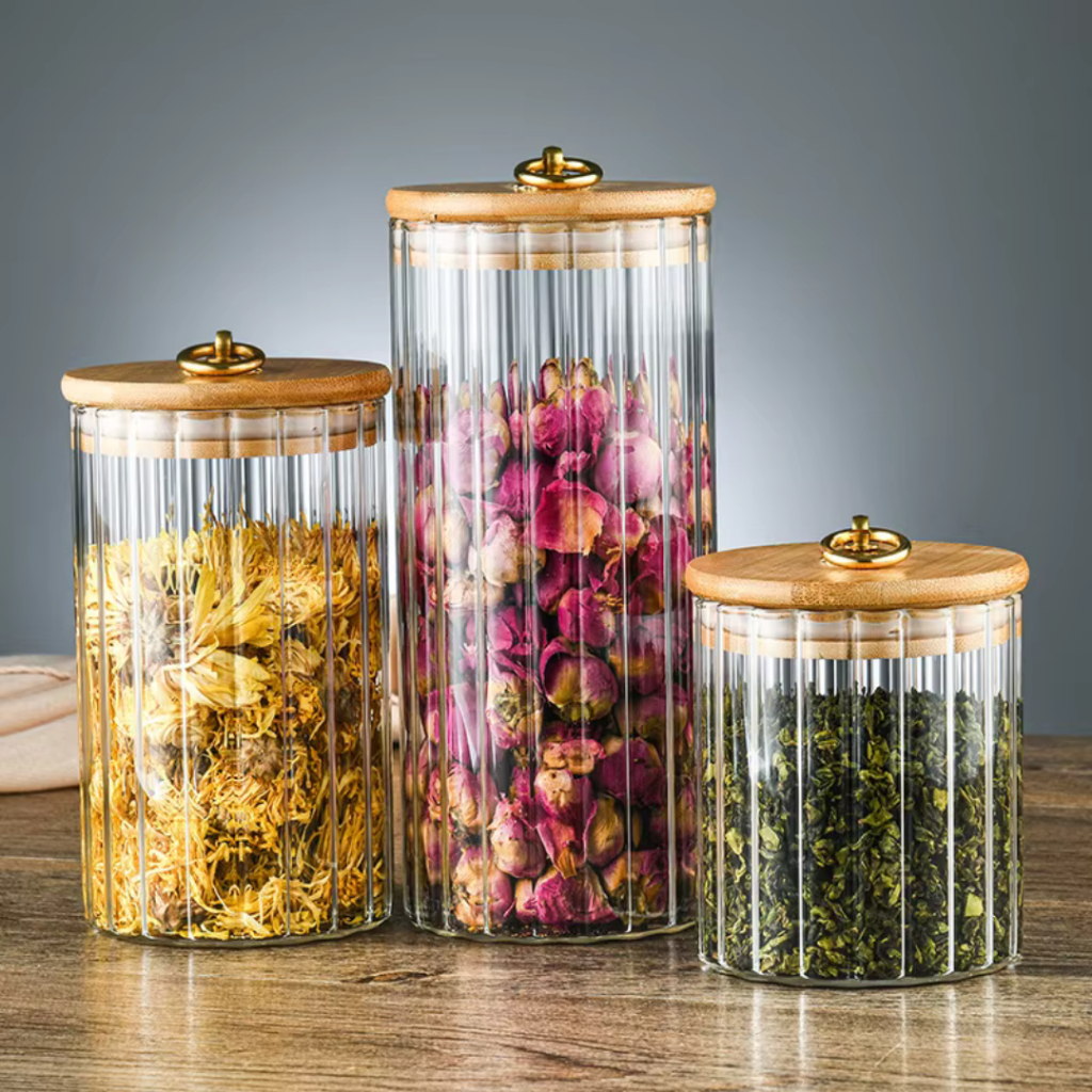 Pote de Vidro com Tampa Bambu hermético CANELADO TRANSPARENTE com Argola Dourada Para Mantimentos