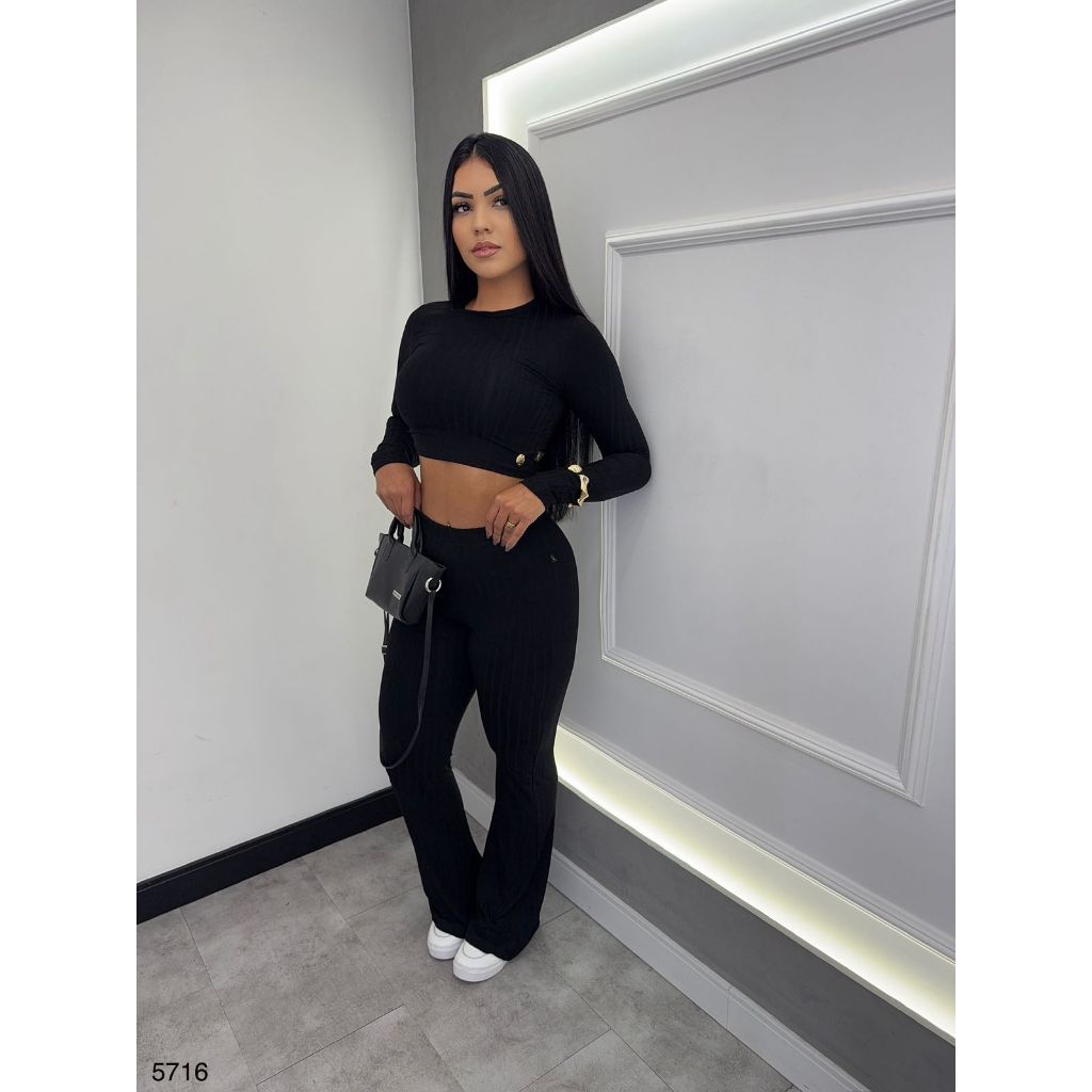 conjunto canelado calça e cropped pimenta priginal flare manga longa