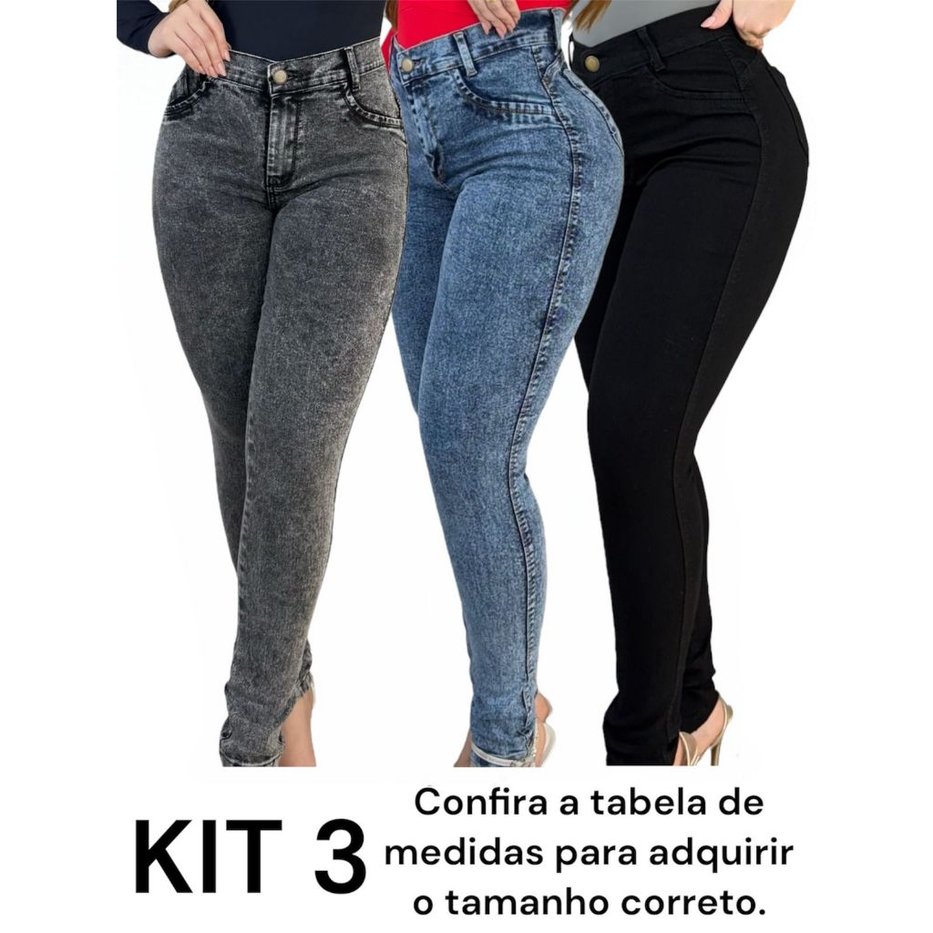 Kit 3 Calças Jeans Feminina Skinny Lycra Cintura Alta Modelo Empina Bumbum Lançamento Promoção em Oferta na Shopee