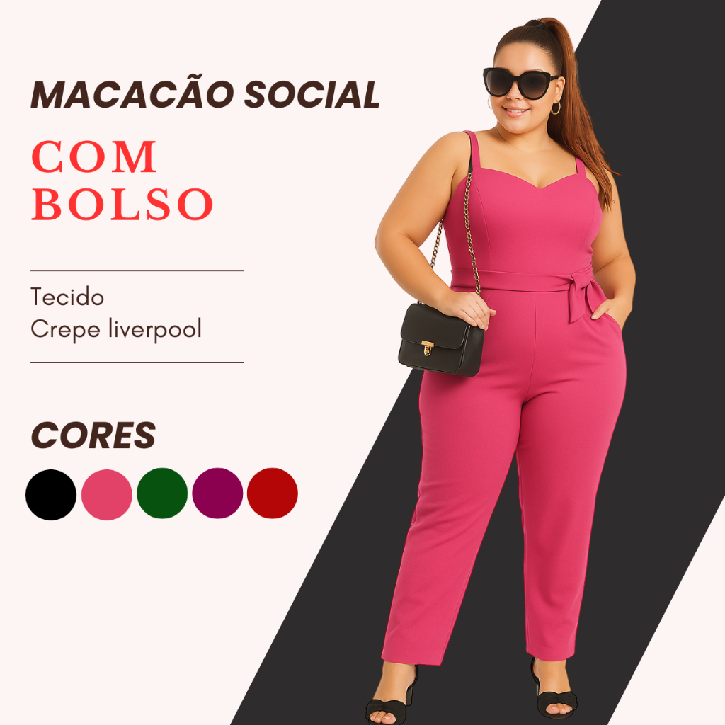 Macacão Social Feminino Plus Size em Crepe Liverpool com Bolsos Laterais e Cinto Elegante em Oferta na Shopee