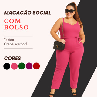 Macacão Social Feminino Plus Size em Crepe Liverpool com Bolsos Laterais e Cinto Elegante em Oferta na Shopee