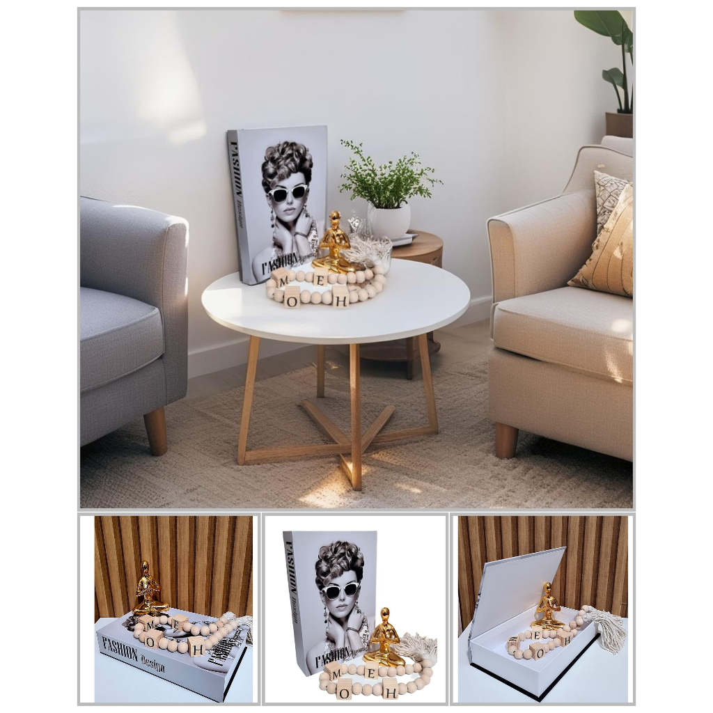 Conjunto 3 Peças - 1 Livro Grande Fake Capa Dura + Colar de Madeira Home + Estatura Dourada
