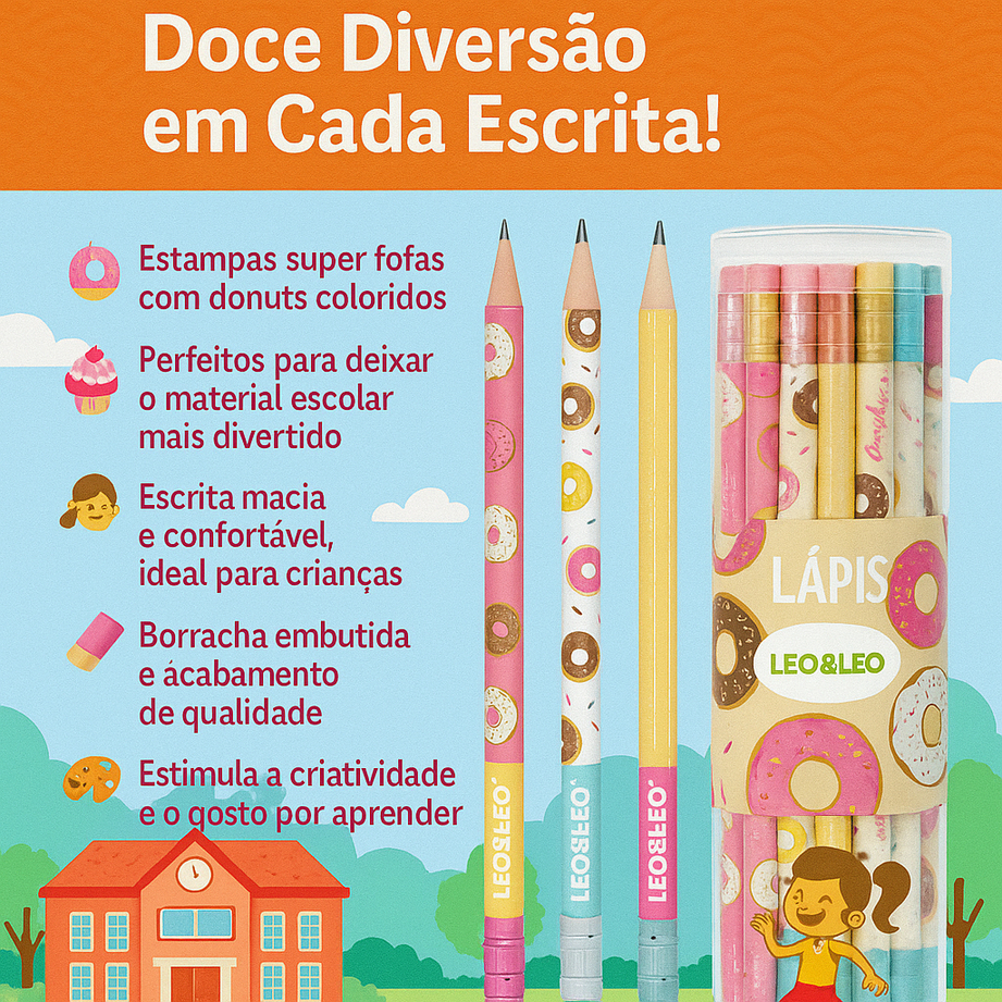 POTE COM 72 LÁPIS GRAFITE HB DONUT / LEO&LEO / LEONORA / MATERIAL ESCOLAR em Oferta na Shopee