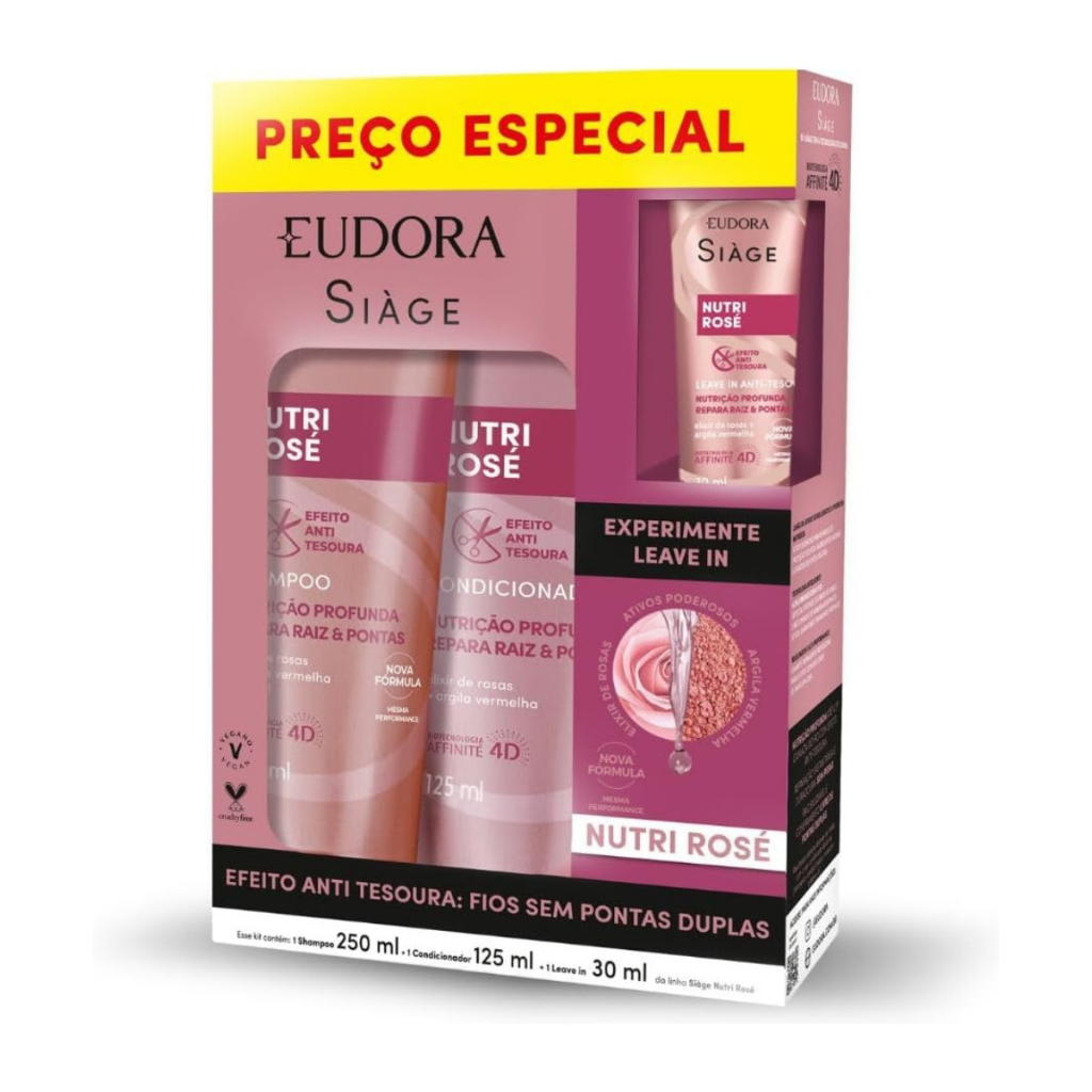 Kit Siàge Eudora Nutri Rosé Shampoo 250ml + Condicionador 125ml + Leave-In 30ml em Oferta na Shopee