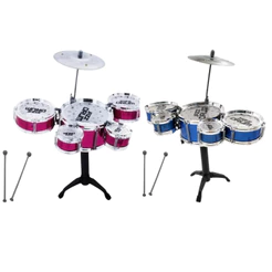 Mini Bateria Vermelho e Azul Musical Infantil Brinquedo com 5 tambores e Baqueta Menino Menina
