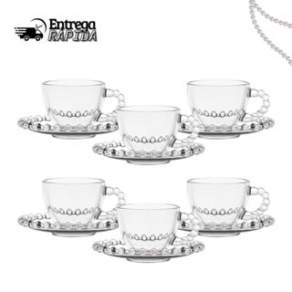 Jogo De Xícaras E Pires Em Vidro Transparente 12 Peças Para Café 100ml Pearl Pérola
