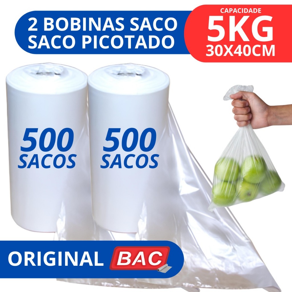 Kit 2 Bobina Picotada 30x40 5kg 500 Sacos Armazena Embala Alimentos Freezer Microondas Original Bac em Oferta na Shopee