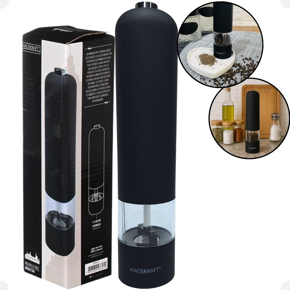Moedor Elétrico de Tempero Pimenta e Sal 23cm Preto A Base de Pilhas Coleção Manhattan da Haüskraft.